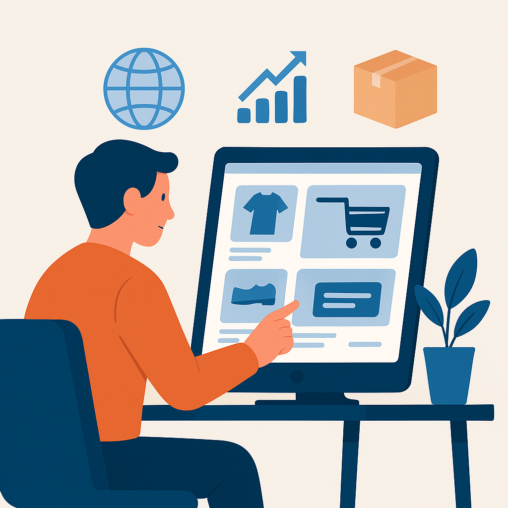 Ilustração digital em estilo flat mostra uma pessoa navegando em um catálogo online através de um tablet, cercado por elementos visuais que representam produtos físicos, gráficos de desempenho, ícones de acessibilidade global e conectividade.