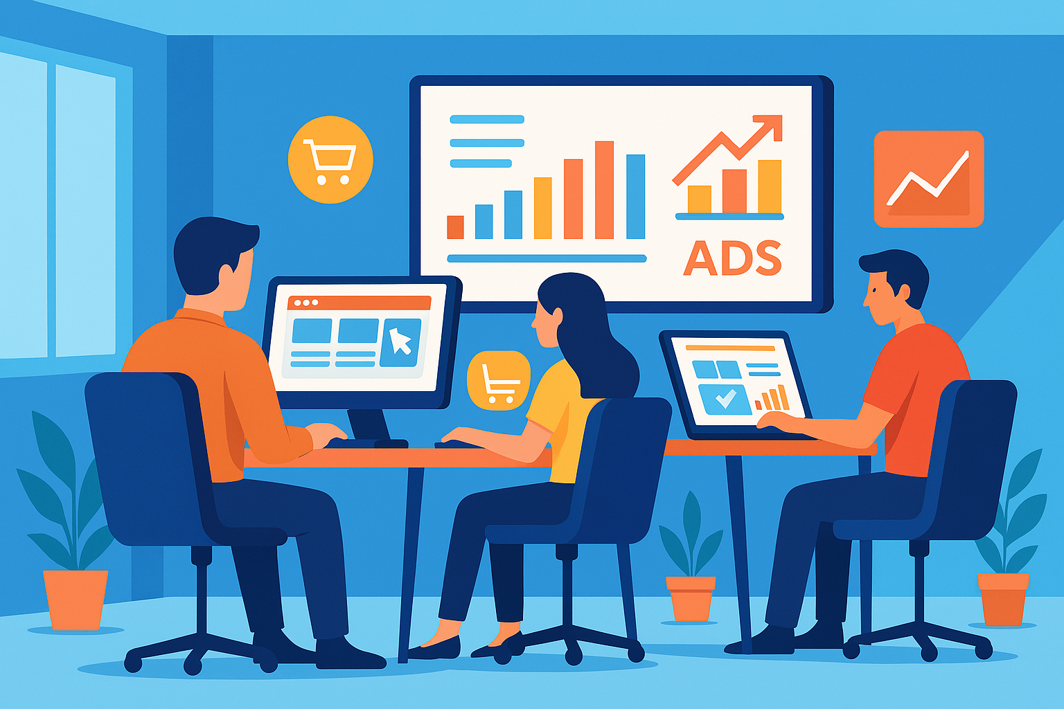 Ilustração digital em estilo flat mostra uma equipe em um escritório moderno trabalhando em estratégias de marketing digital, com elementos gráficos representando análise de dados, SEO, redes sociais, sites e lojas virtuais.
