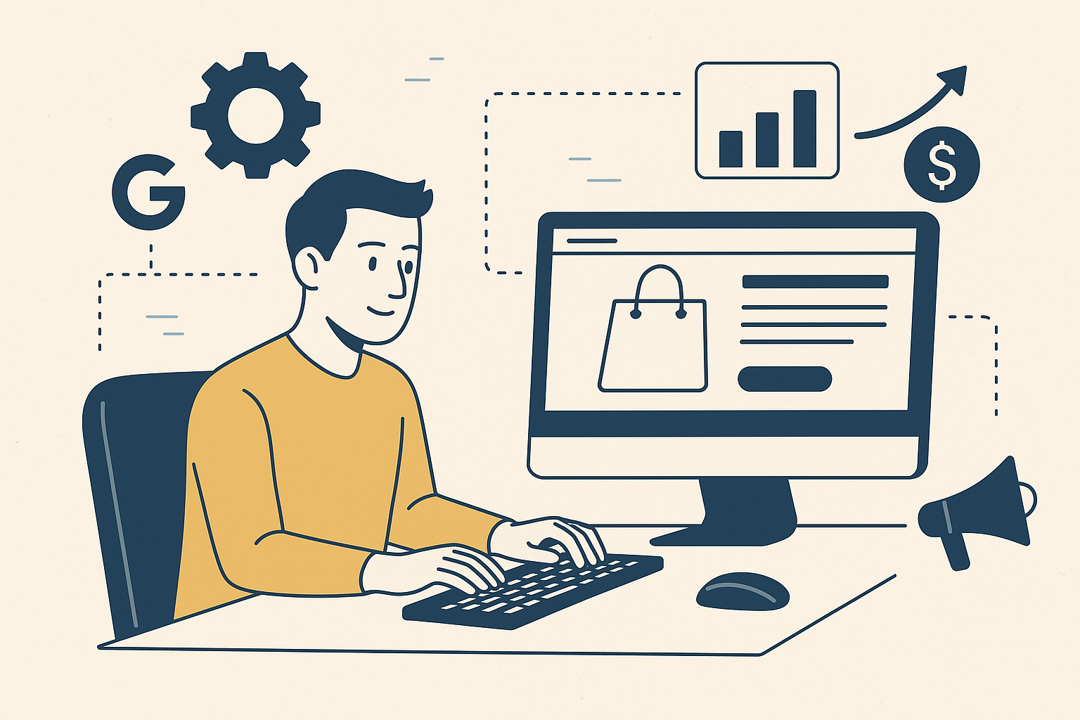 Ilustração de um profissional criando um site personalizado, representando o serviço de desenvolvimento de sites com design responsivo, SEO e estratégias de marketing digital para aumentar a presença online e gerar mais vendas.