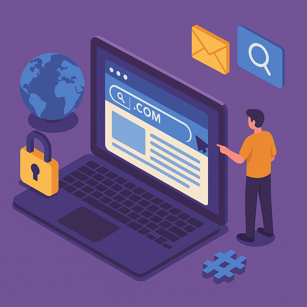 Ilustração vetorial em estilo flat de uma empresa destacando sua presença digital com um domínio personalizado na internet. Elementos como um computador com a URL da empresa, gráficos de crescimento, e ícones de e-mail e segurança simbolizam credibilidade, SEO e profissionalismo.