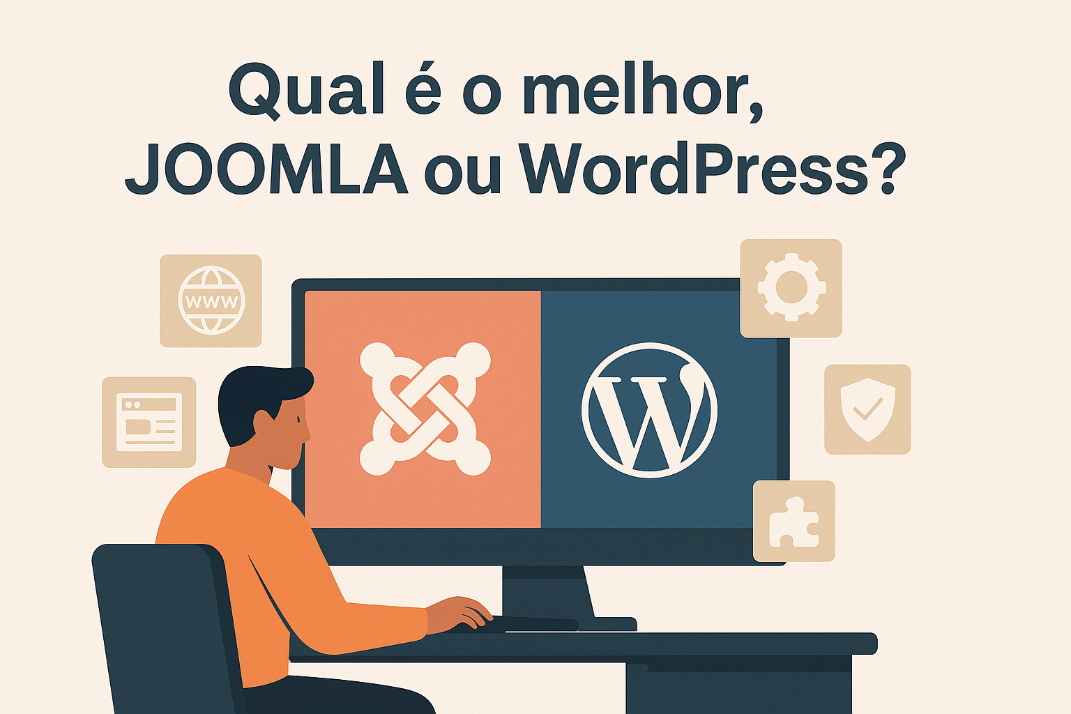 Imagem comparando as plataformas Joomla e WordPress, com um profissional analisando opções para criação de sites, refletindo o conteúdo do artigo sobre escolha de CMS.