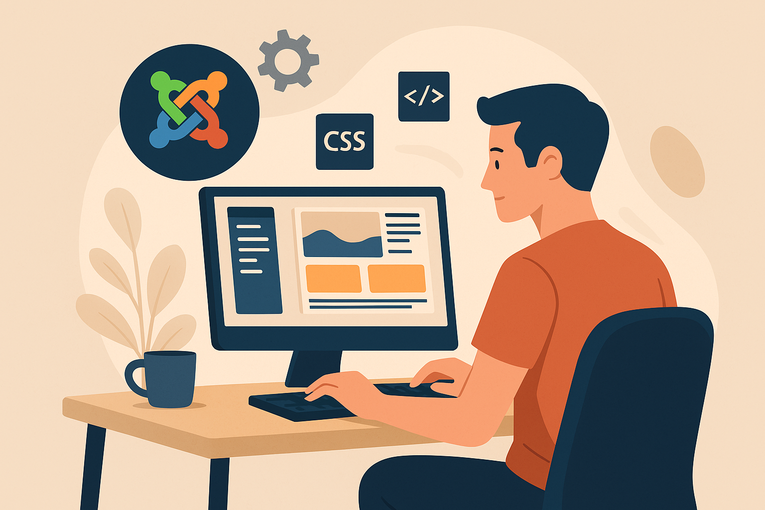 Ilustração em estilo flat de um desenvolvedor web construindo um site com Joomla em um ambiente de trabalho minimalista, com ícones de Joomla, HTML5 e CSS.
