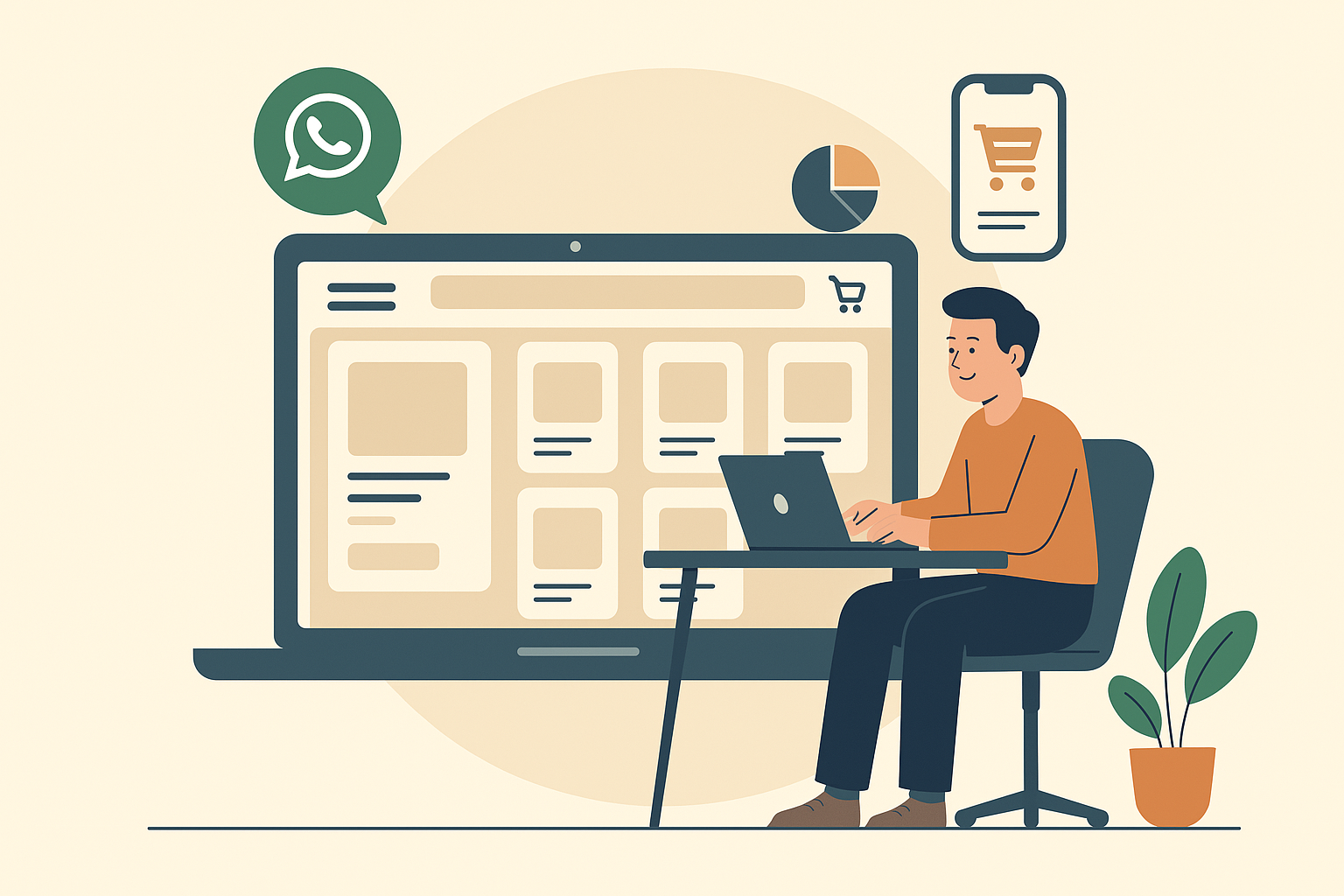 Ilustração em 2D mostra um homem sentado em uma mesa moderna usando um laptop que exibe um catálogo online. Ícones de carrinho de compras, smartphone, gráfico e balão do WhatsApp flutuam ao redor da tela.