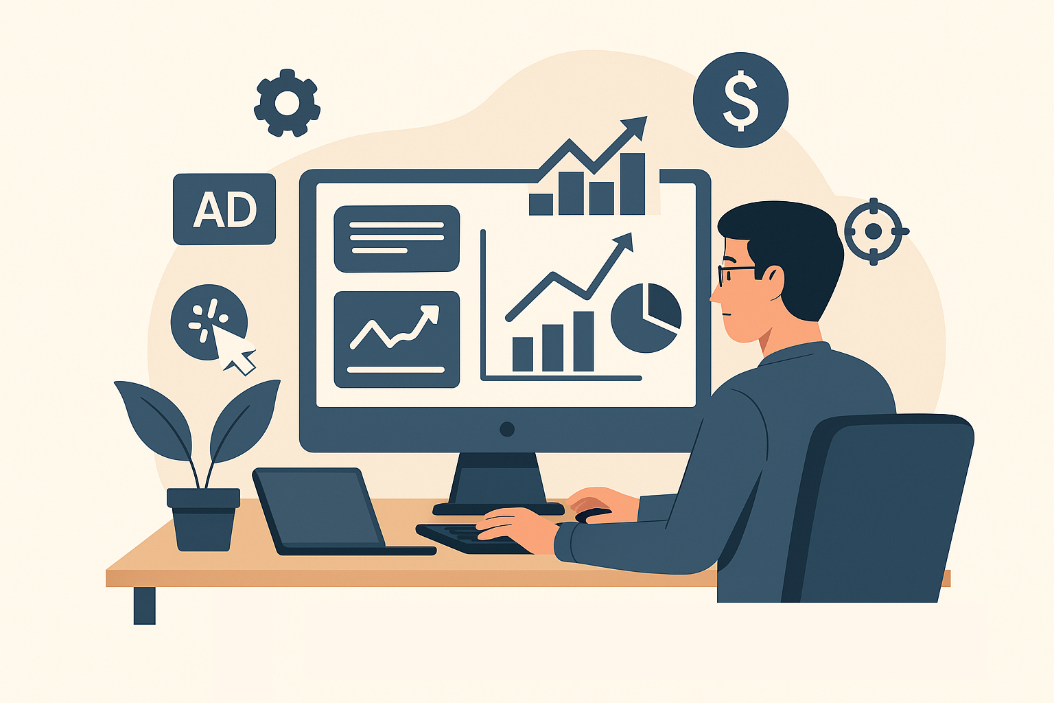 Ilustração digital em estilo flat mostra um profissional de marketing digital em sua mesa de trabalho, analisando dados de tráfego pago em gráficos e telas. Ícones de engrenagem, cifrão e mira flutuam próximos, representando estratégias e métricas de anúncios.